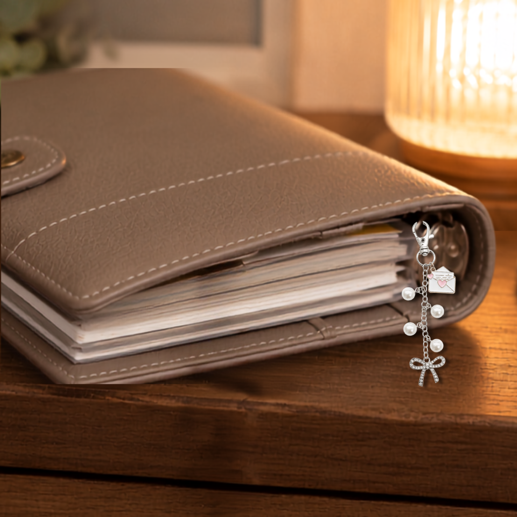 A beige faux-leather planner or binder with white stitching, shown on a wooden table with a warm glowing lamp in the background. A silver chain with faux pearl beads, a rhinestone studded bow charm and small enamel envelope charm hangs from the edge.