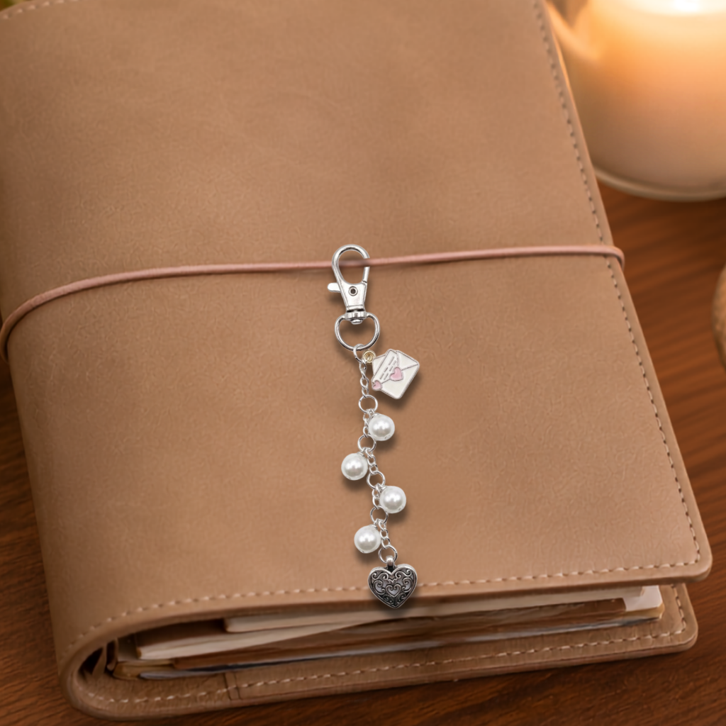 A silver-toned keychain or bag charm with a lobster clasp, small pearl beads, a envelope charm with a pink heart, and a filagree heart-shaped charm, resting on a tan leather planner or notebook wrapped with a matching strap.