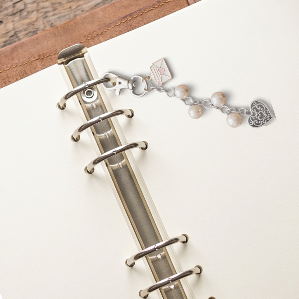 A silver-toned charm keychain with a lobster clasp, a small envelope charm, four pearl-like beads, and a filigree heart charm, shown clipped to a silver ring binder on an off-white notebook page.