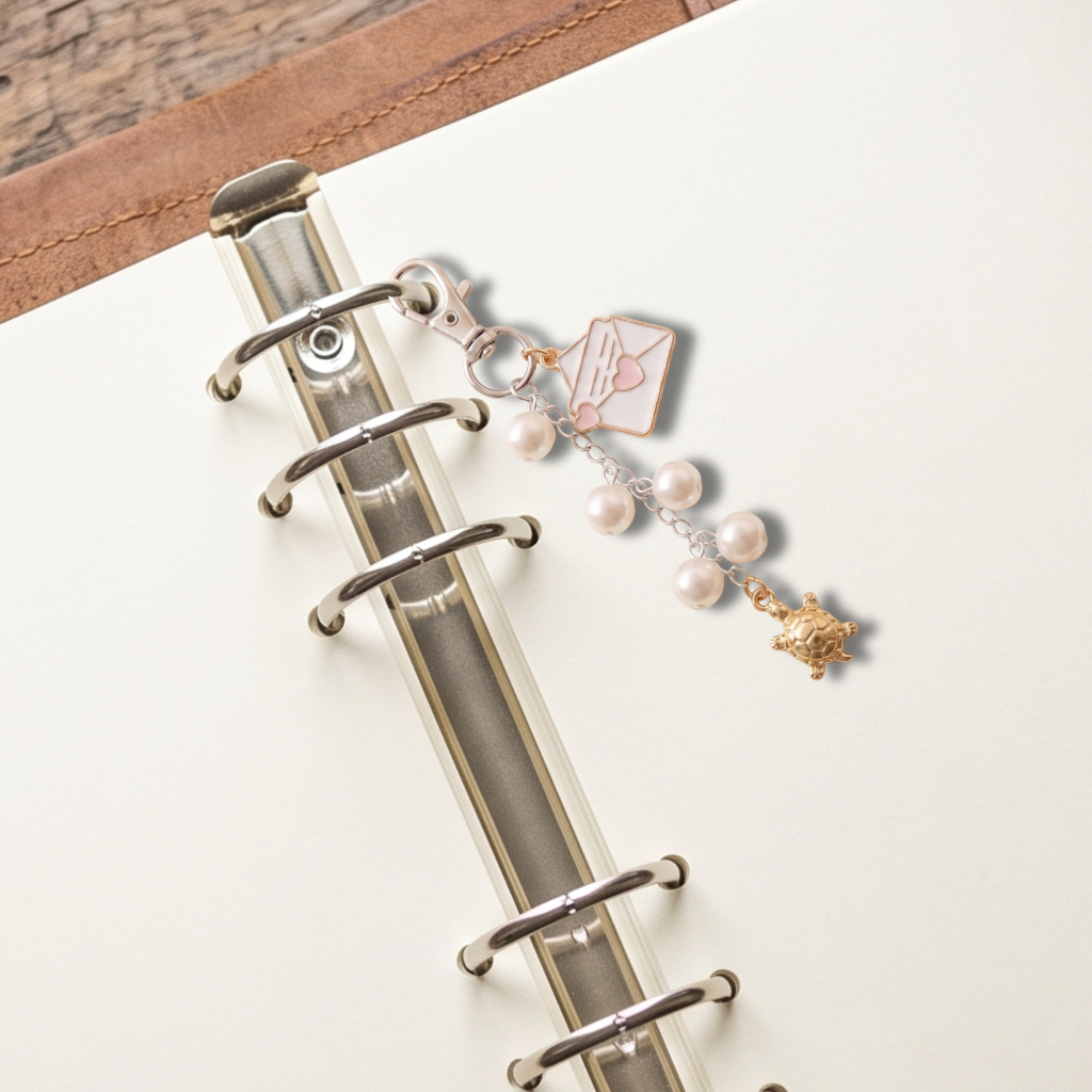 A close-up of a silver ring binder with a decorative charm featuring a pink and white envelope, white pearls, and a gold turtle resting on an off-white page.