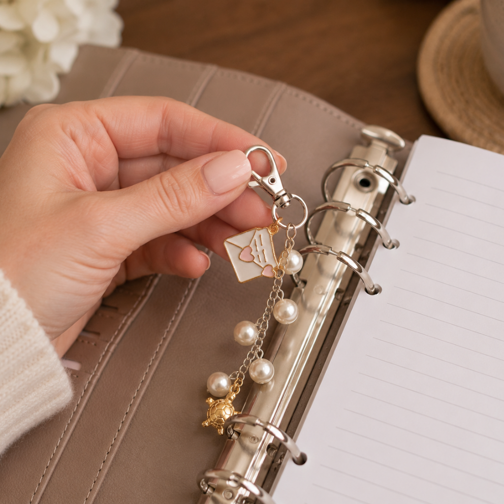A close-up of a hand holding a silver and gold keychain charm with pearl-like beads and a small envelope charm, shown near a beige ring binder notebook.