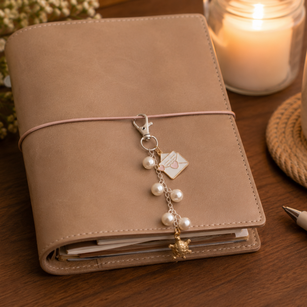 A tan leather planner cover with a matching elastic band closure, decorated with a charm featuring white pearls and a gold turtle, resting on a wooden table next to a lit candle.