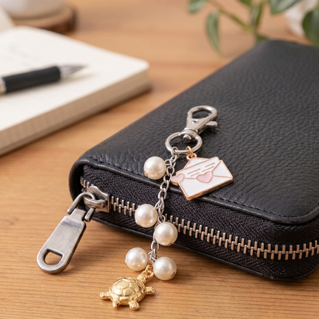 A black textured leather zip-around wallet on a wooden desk, decorated with a silver clasp keychain featuring white pearl beads, a gold turtle charm, and a small envelope charm with a pink heart.