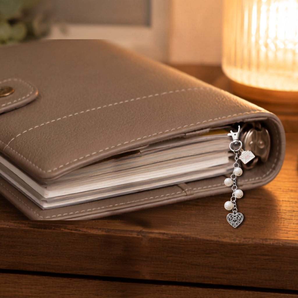 A beige leather planner binder with white stitching, resting on a wooden table next to a glowing lamp. The binder has a silver keychain adorned with a charm featuring a heart, a small envelope with a pink heart, and white pearl beads.