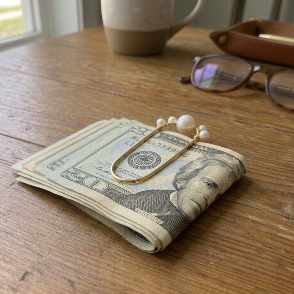A gold metal paperclip with white faux pearls, holding a stack of twenty-dollar bills on a wooden table. A ceramic mug, eyeglasses, and a leather tray are blurred in the background.