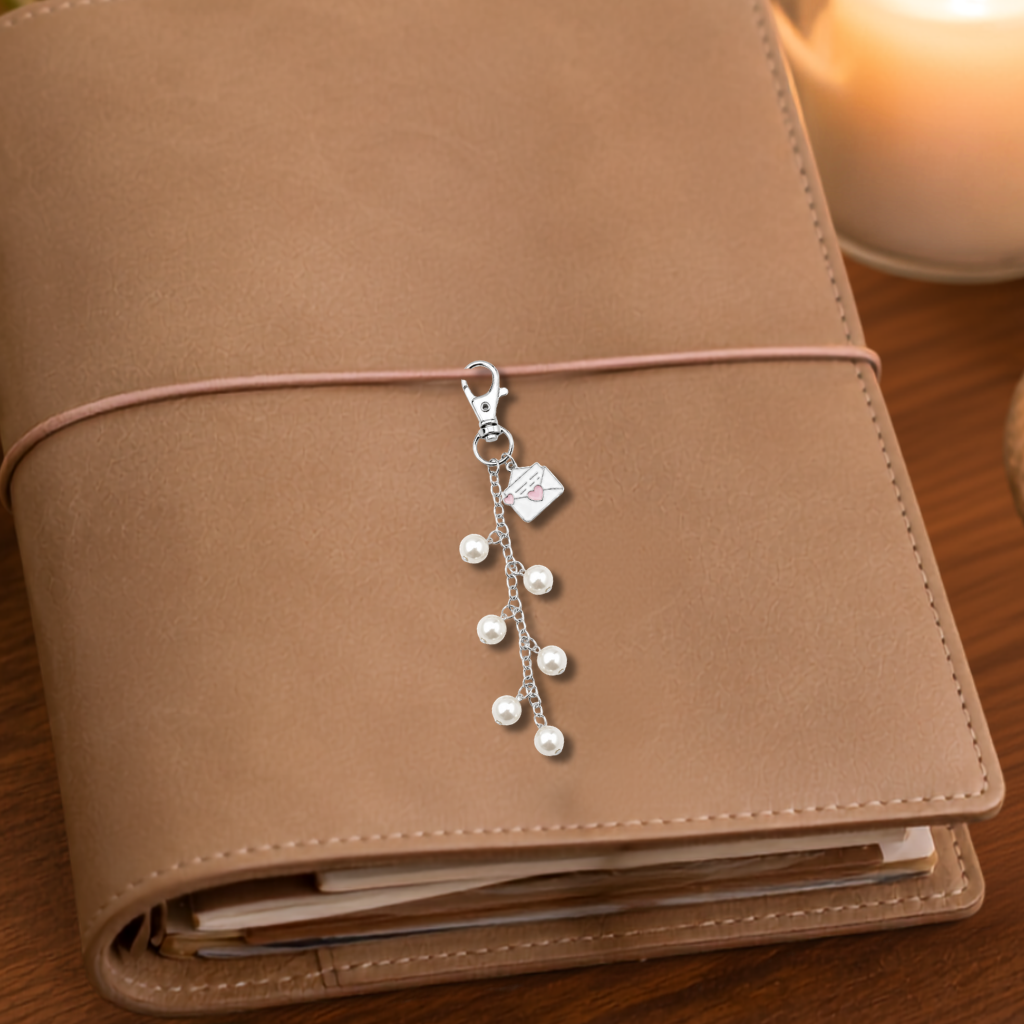 A tan leather planner or journal cover with a wrap-around strap, shown on a wooden surface. Attached to the strap is a silver-tone charm with pearl-like beads and a small envelope charm with a pink heart.