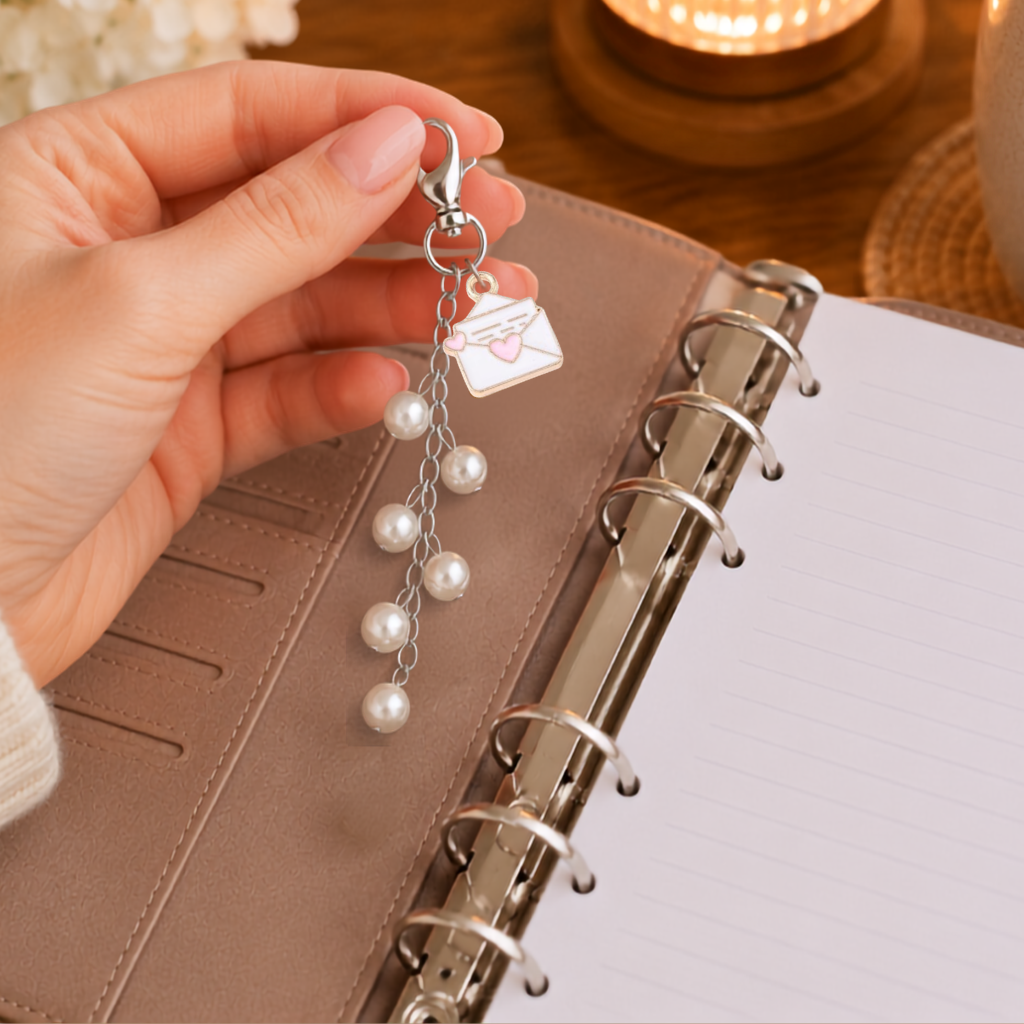 A hand holds a silver keychain with a small white envelope charm and dangling pearl beads over an open brown ring-bound planner.
