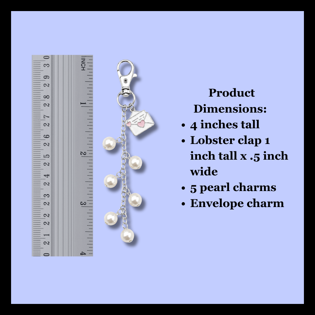 Silver lobster clasp charm with pearl and envelope charms, shown next to a ruler for scale and product dimension text on a light blue background.