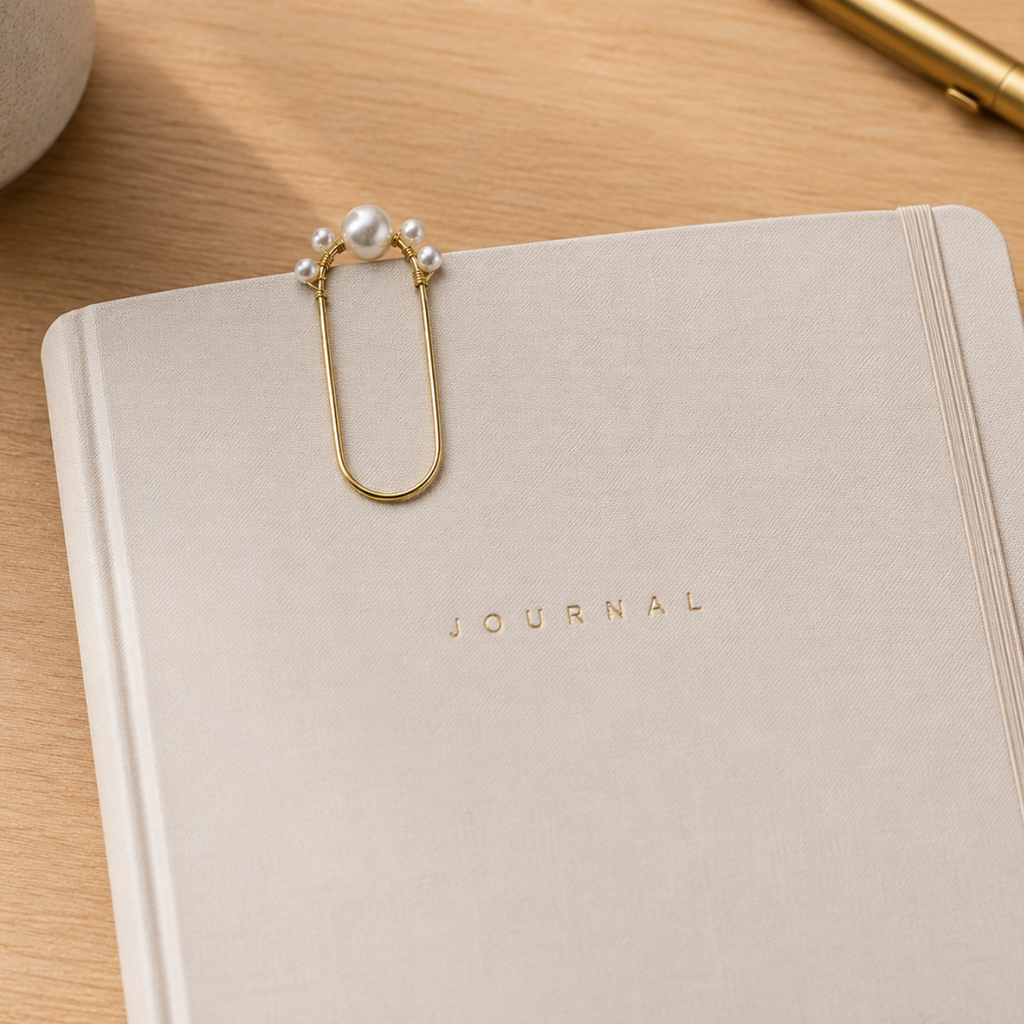 A gold paperclip with white pearls at the top, clipped to a beige fabric journal on a light wood desk.