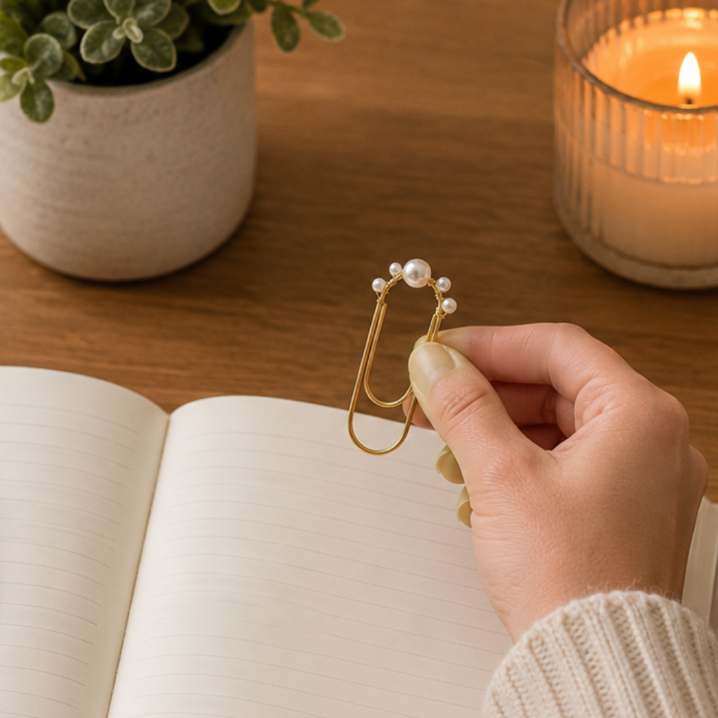 A hand holds a gold paperclip-shaped paperclip  decorated with small white pearls, set against a cozy background with an open notebook, a potted plant, and a lit candle.