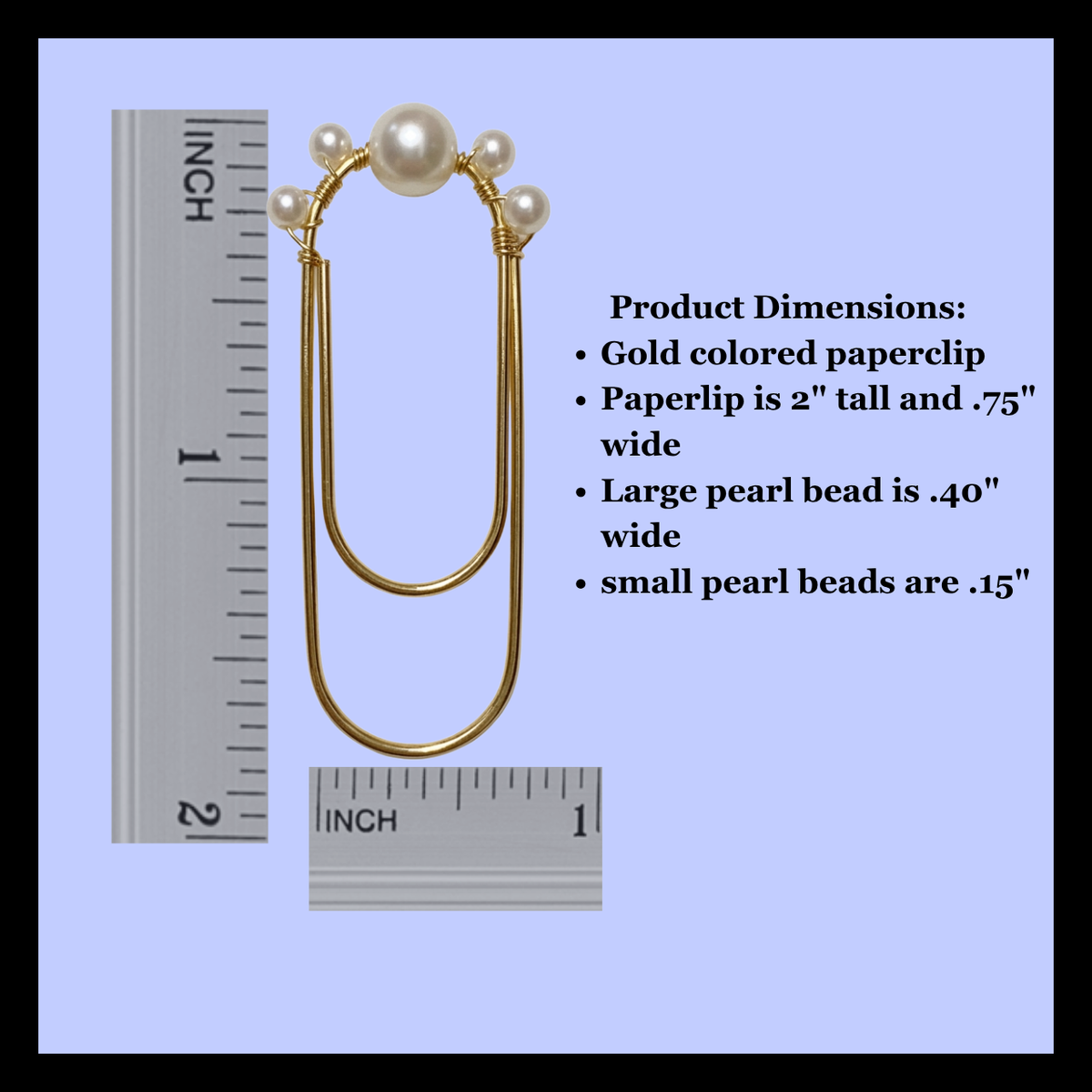 Gold-colored paperclip with faux pearl beads, shown with ruler measurements and product dimension text on a light blue background.