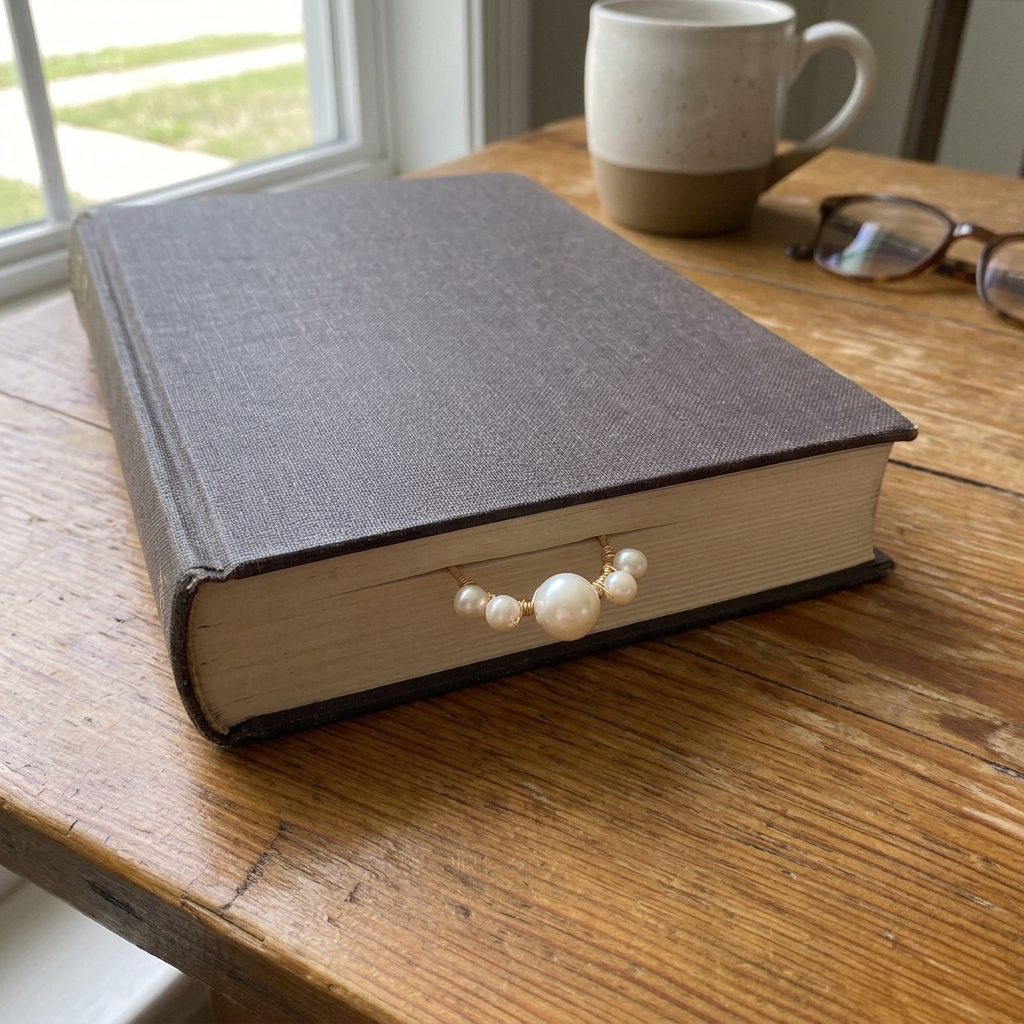 A three-tier pearl book bookmark with faux pearls shown between the pages of a dark gray hardcover book, which is placed on a rustic wooden table next to a ceramic mug and eyeglasses.