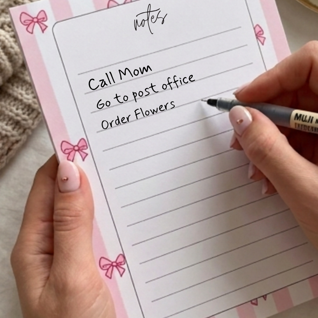 Cute Pink Notepad – Lined Writing Pad with Striped Design and Bow