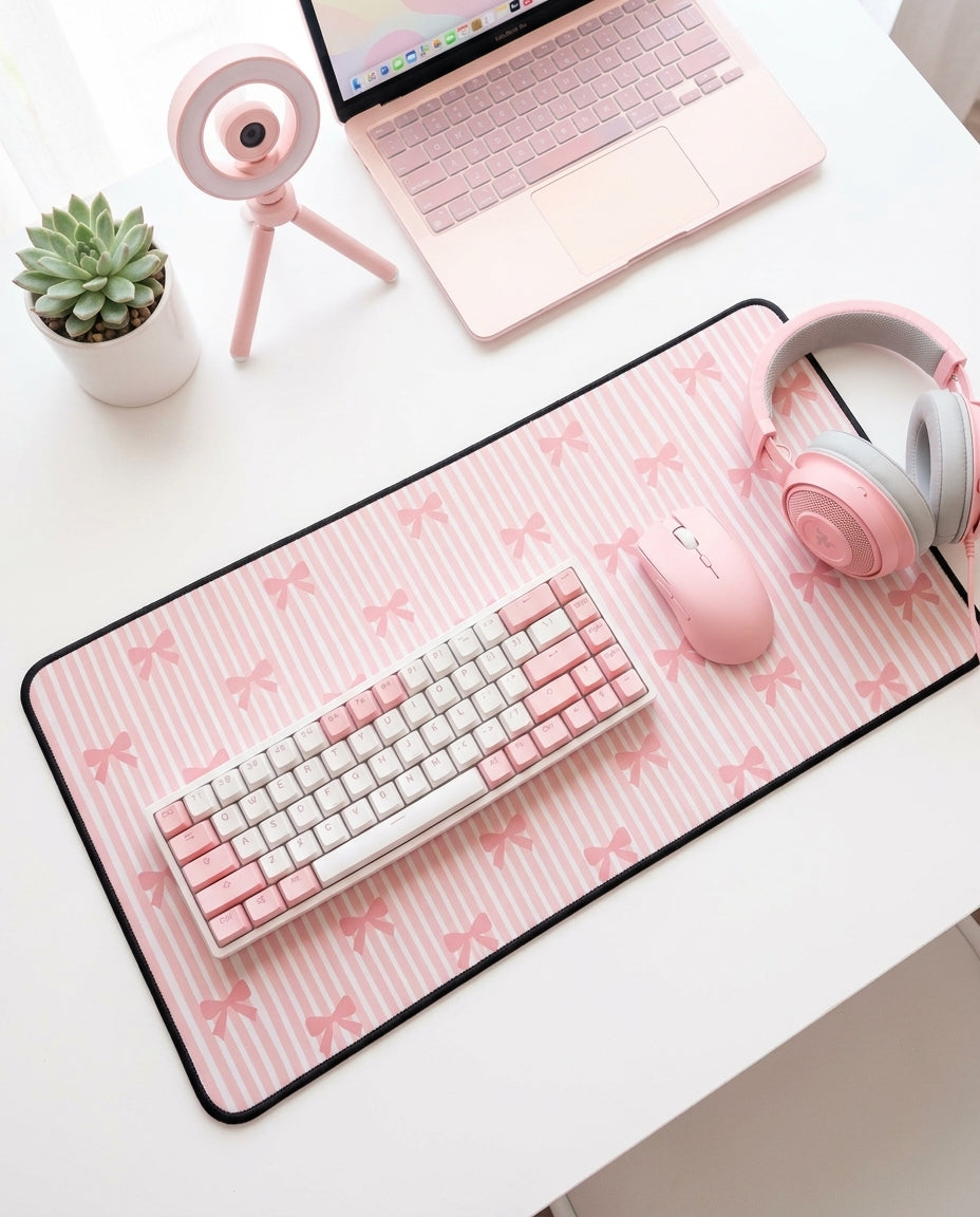 A pink desk mat with white stripes and bow patterns, styled with a pink keyboard, matching mouse, pink headphones, a pink webcam, and a small potted succulent on a white desk.