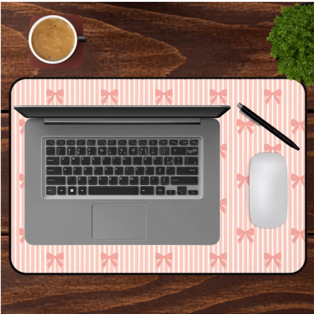 A rectangular desk mat with a pink and white striped pattern and small bow motifs, shown on a dark wood desk. A laptop, mouse, pen, and a cup of coffee are arranged on top of the mat.