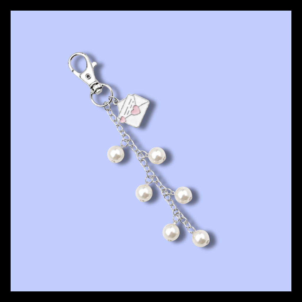 Envelope Keychain Charm With Pearl Bead Accent Pink Heart Design Metal Alloy Chain Lobster Clasp Attachment Six Acrylic Pearl Beads Decorative Bag Charm Accessory Enamel Envelope Detail Cute Keyring Gift Four Inch Length Fashion Accessory