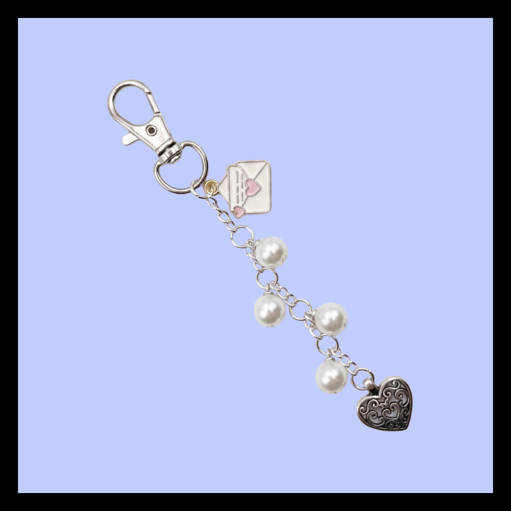 Pearl Keychain Charm Envelope Heart Design White Beaded Bag Accessory Silver Chain Links Lobster Clasp Attachment Pink Heart Detail Metal Pendant Love Letter Theme Purse Charm Gift Girlfriend Present Romantic Accessory Fashion Jewelry
