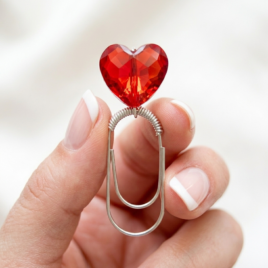 Heart Bookmark – Metal Paper Clip with Red Acrylic Bead
