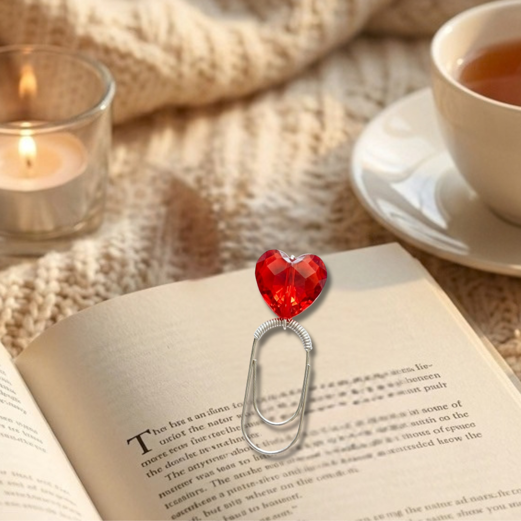 Heart Bookmark – Metal Paper Clip with Red Acrylic Bead