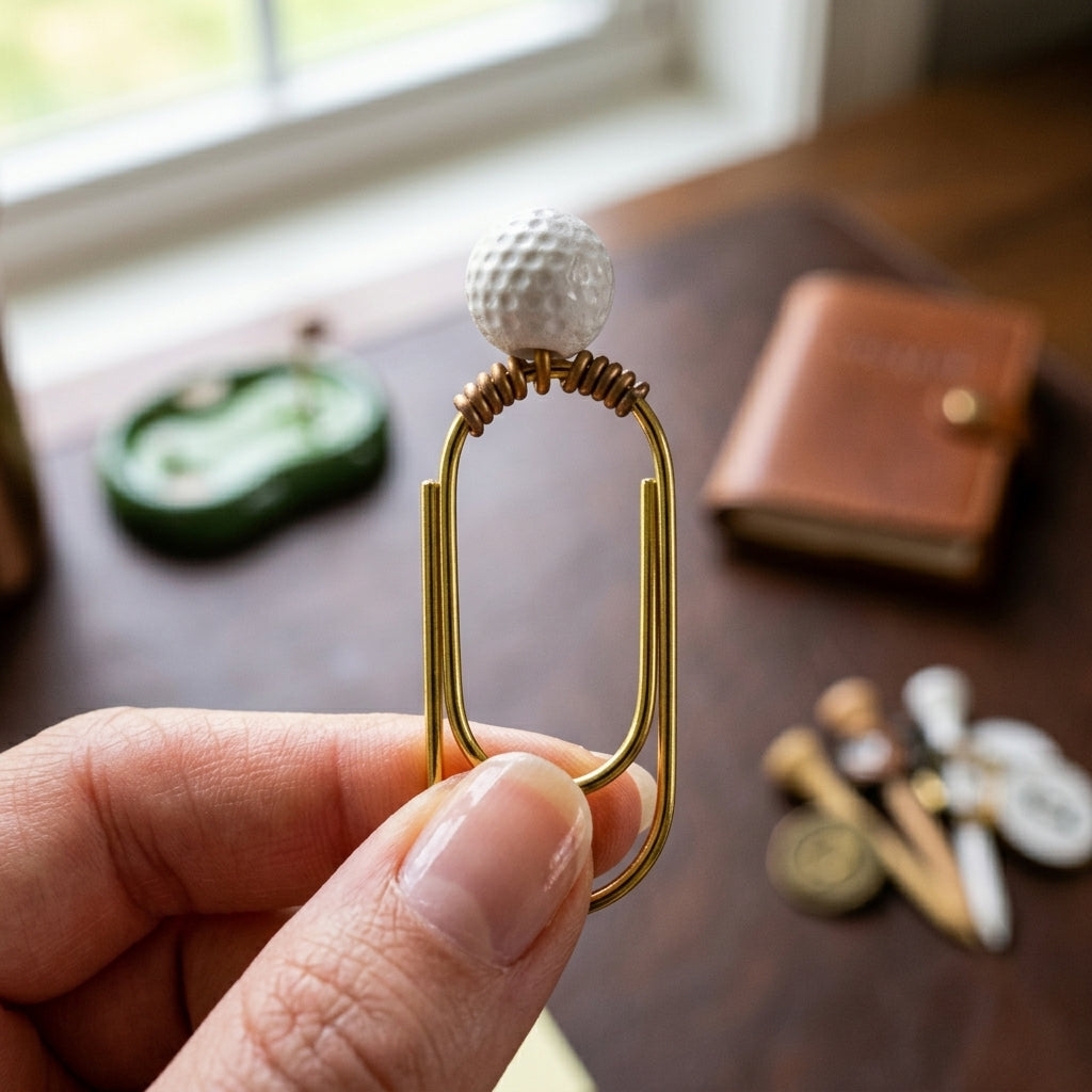 Gold Metal Paperclip Golf Ball Ornament Bookmark Professional Office Accessory Golfer Desk Gift White Ball Detail Coiled Wire Attachment Elegant Stationery Item Sports Theme Collection Perfect Golfing Enthusiast Present Premium Quality