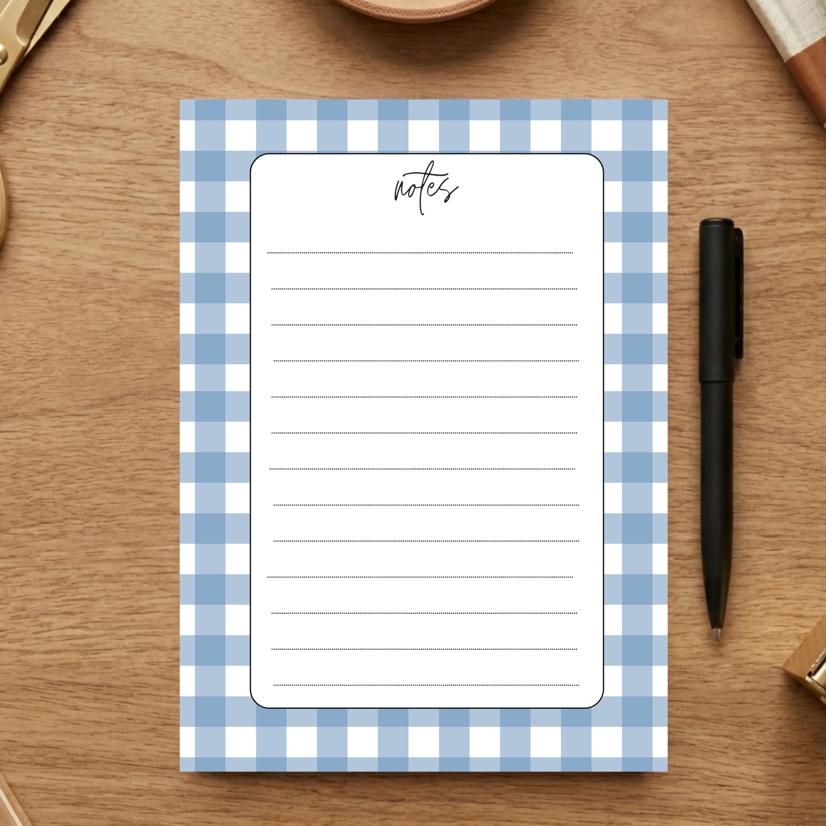 Blue Gingham Notepad Farmhouse Style Writing Pad Checkered Border Design Lined Paper Pages Desk Organization Essential Kitchen List Maker Preppy Stationery Gift Cute Office Supply Daily Notes Planner Fifty Page Count Matte Finish Quality
