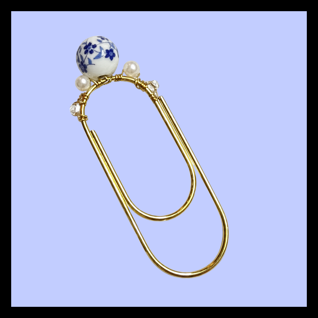 Gold Metal Bookmark With a Blue and White Floral Patterned Bead and Pearl Beads Elegant Book Lover Gift Two Inch Tall Decorative Reading Accessory Premium Quality Construction Beautiful Bookworm