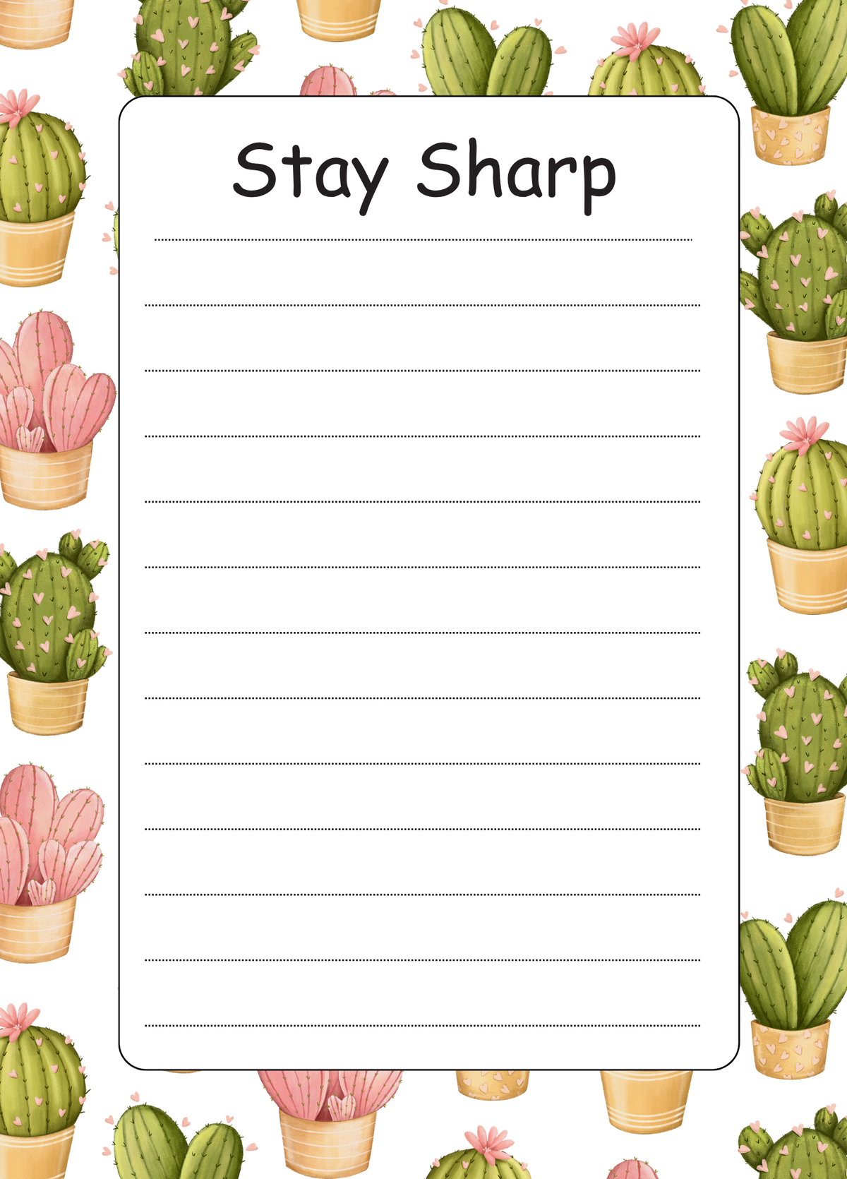 Cactus Notepad With Watercolor Succulent Design Fifty Page Lined Writing Pad Stay Sharp Header Text Potted Cacti Border Art Prickly Pear Barrel Cactus Pink Flowering Succulents Terracotta Pots Five By Seven Inch Stationery Chipboard Backing
