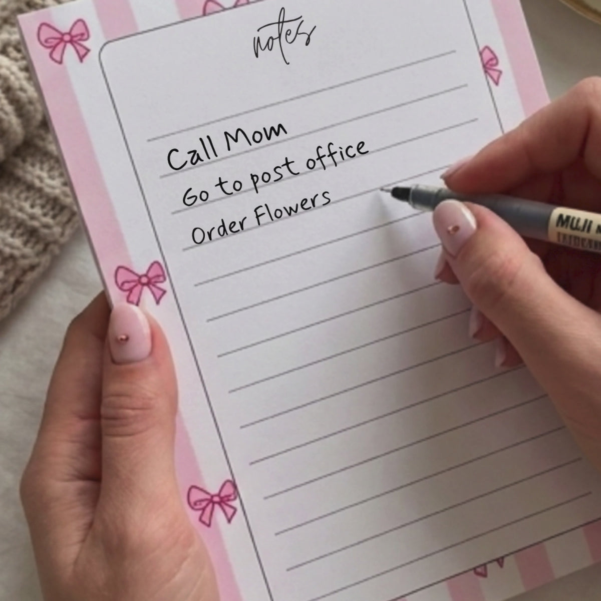 Cute Pink Notepad – Lined Writing Pad with Striped Design and Bow