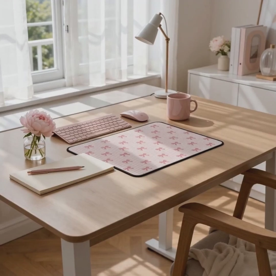 Video of pink and white stripped desk mat with pink bows on a desk in an office setting