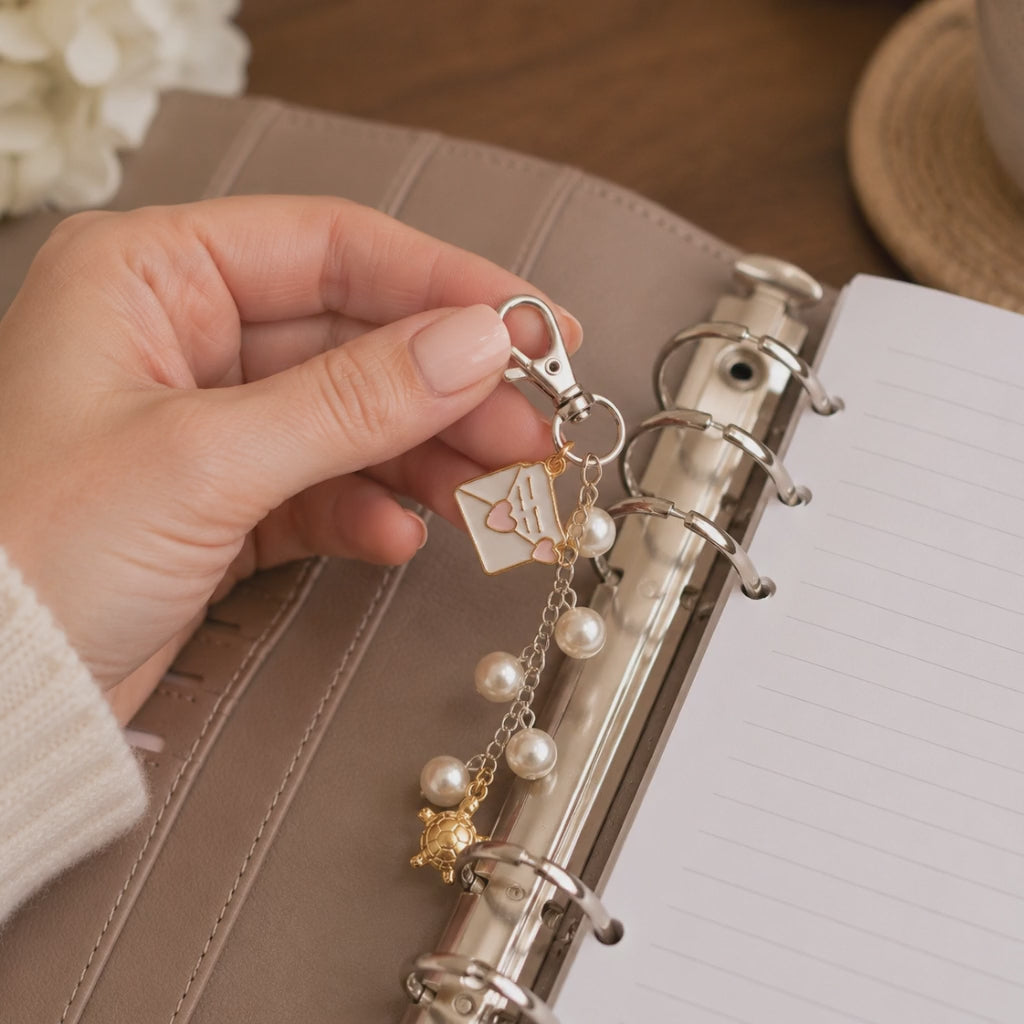 Video of silver keychain with envelope charm, white faux pearl beads, and a gold turtle charm in utility